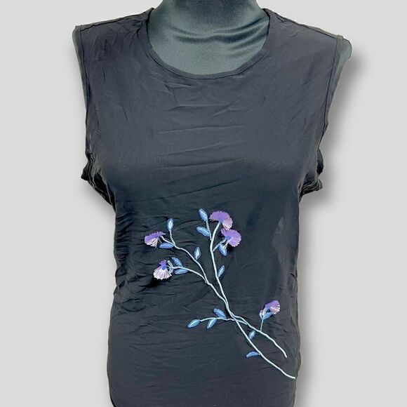 Express Tops - NWOT y2k vintage deadstock Express tank sheer black with floral embroidery sz L
